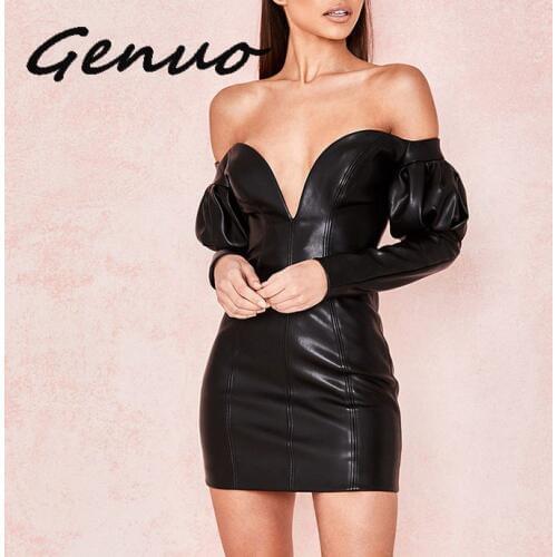Genuo 2019 Fashion Women Sexy Dress Deep V-Neck Black PU Mini Dress Ladies Elastic Off Shoulder Puff Sleeve Wrap Party Dresses