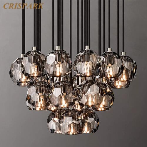 Boule De Cristal Round Cluster Chandelier 24" Smoky Crystal Ceiling Chandelier Lighting LED Home Pendant Hanging Light Fixture