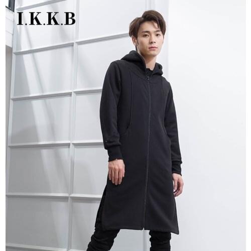 Hooded and plush cardigan long mens slim and thickened coat trend over the knee youth Korean style black