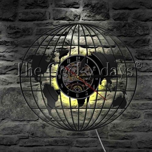 World Map Earth Sign Vinyl Record Wall Clock With LED Backlight Globe Map Decorative Wall Lamp Education Student Gift