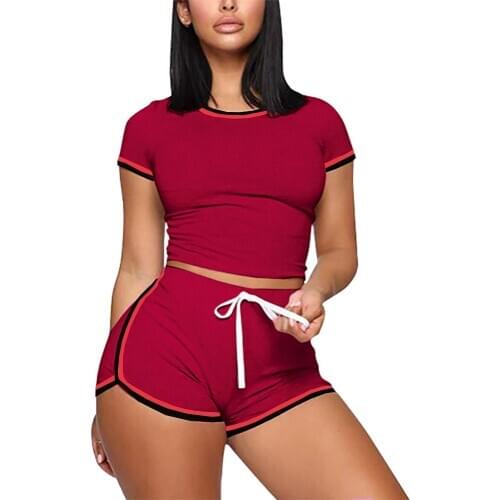 Summer Women Sexy Casual 2PCS Sports Set Short Sleeve Slim Crew Neck T Shirt+High Waist Skinny Shorts Yoga Fitness Tracksuits