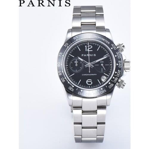 Parnis 39mm Man Quartz Watch Steel Bracelet Chronograph Mens Watches VK64 VK63 Movement Men gift with box kol saati erkek 2019