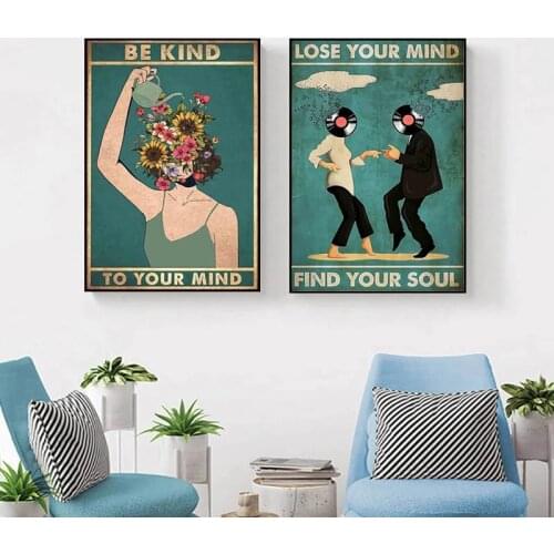 Retro Painting Living Room Wall Mental Health Art Be Kind To Your Heart Wall Print Dancing Together Home Art Poster