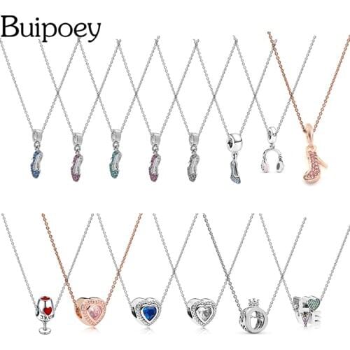 Buipoey Crystal Shoe Charms Necklace For Women Couple Original Crown O Heart Pendant Collar Princess Sandy Glittering