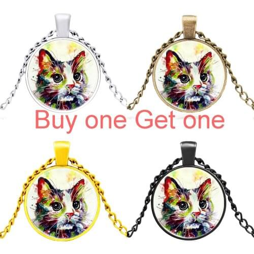 Oil Painting Cat Design Glass Dome Pendant Necklace Men Women Black Jewelry Accessories Best Gifts