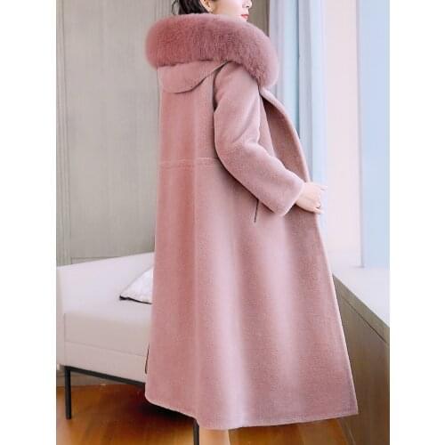 Granular sheep shearing coat female long fur collar hooded temperament slim wool coat fur coat