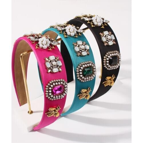 Bee Hairbands for Women Baroque Rhinestone Crystal Headband Simulated Pearl Wide Hair Band Female Flower Crown Headdress Jewelry