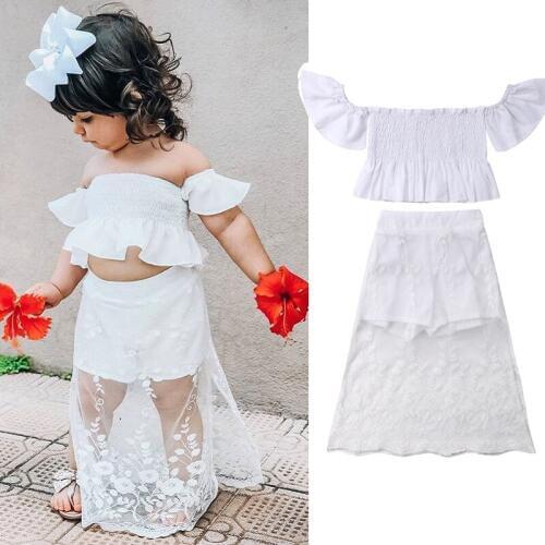 1-6Y Summer Princess Toddler Baby Girls Holiday Boho Sets 2PCS Ruffles Off Shoulder White T-Shirts+Lace Shorts
