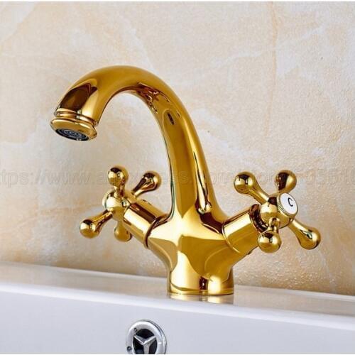 Luxury Gold Color Brass Bathroom Sink Faucet Basin Mixer Tap Double Cross Head Handle Single Hole Hot and Cold Water znf269