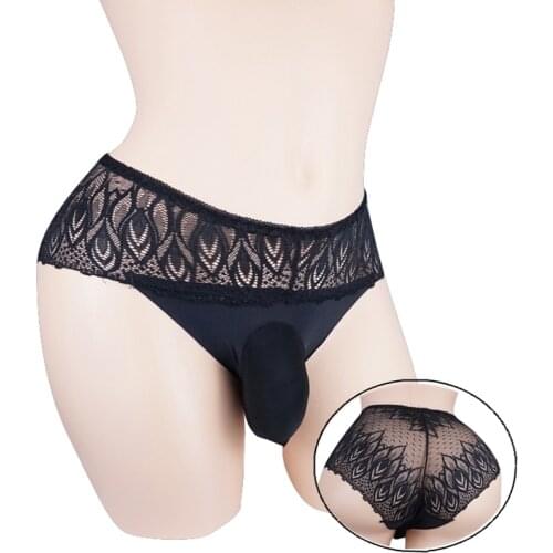 Sissy Lace Panties With Penis Sleeve Softy Transparent Gay Sexy Lingerie Men Underwear Panties mens underwear briefs 2019 hot