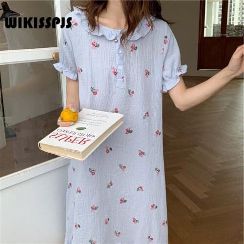 WIKISSPJS 2021 Summer New Korean Pure Cotton Embroidery Home Clothes Sweet Ruffle Dress Sleep Wear Women Women Nightwear