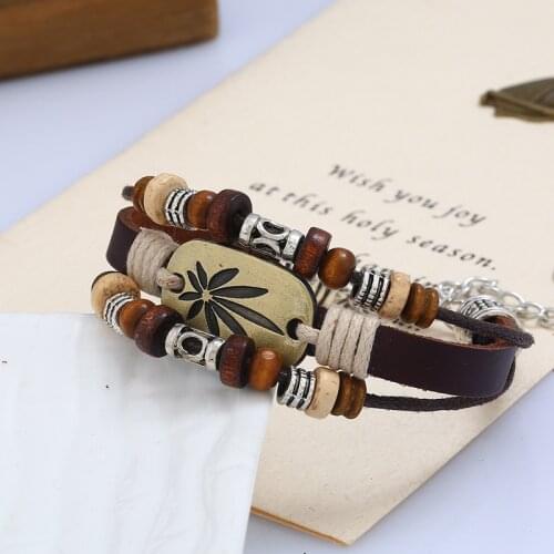 Bohemia Maple Leaf Charm Strand Bracelets Women Leather Bracelet Beaded Lobster Adjustable Ethnic Wristband DIY Jewelry Ornament