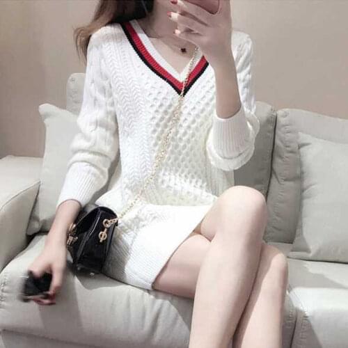 Woman Sweaters Pullover Woolen Skirt Womens Dress FallWinter Slim V-neck Skirt Long-Sleeved Knitted Dress Femme Chandails