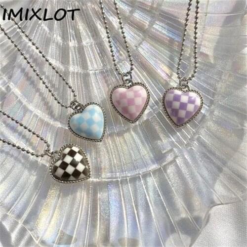 2021 Korean Colorful Cute Sweet Titanium Steel Checkerboard Grid Heart Drop Necklace for Women Girls Party Aesthetic Jewelry