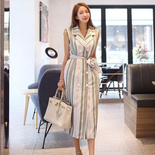 Striped Print Summer Long Dress Women Double-Breasted Ankle-Length Notched Pencil Dress Office Lady Plus Size with Belt A969