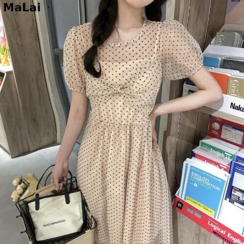 Sweet Vintage Designer Casual Slim Midi Polka Dot Dress Summer Elegant Dress Temperament Puff Sleeve Holiday Women Dress 2021