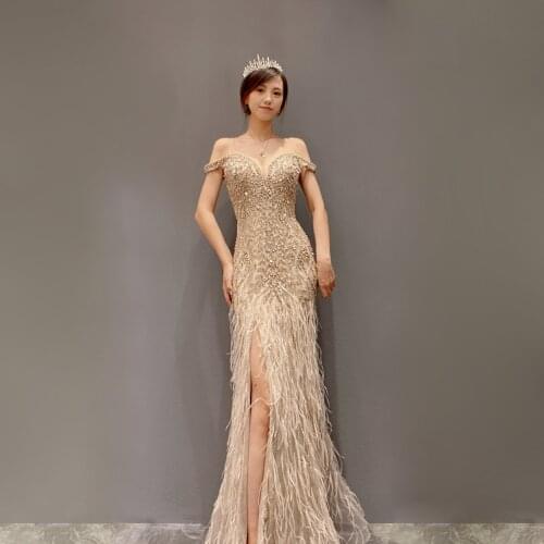 Celebrity sexy mermaid dresses Beaded Evening Dresses 2021 New style Formal dress Light luxury tulle Feather