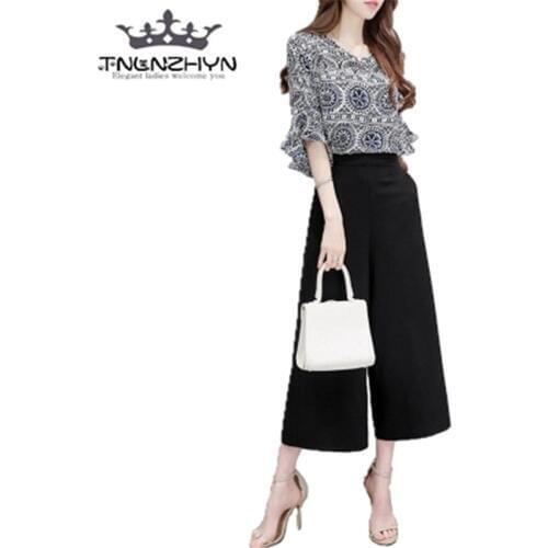 New 2019 Fashion Summer Women Suit 2 pieces Sets Chiffon Tops and Pants Suits Casual ladies Wide leg Pants Sets tnlnzhyn A156