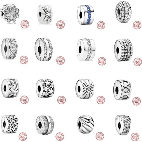 2021 New Clover Flowers Transparent Zircon Clip Beads Fit Original Pandora Charms Bracelet Women DIY 925 Sterling Silver Jewelry