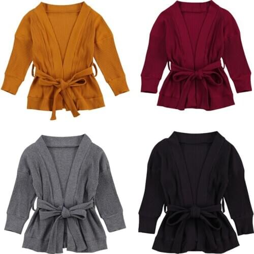 2021 2-7 Years Toddler Girls Classic Cardigans Coats Off Shoulder Long Sleeve Lace up Waist Combed Cotton Knit Sweater With Belt