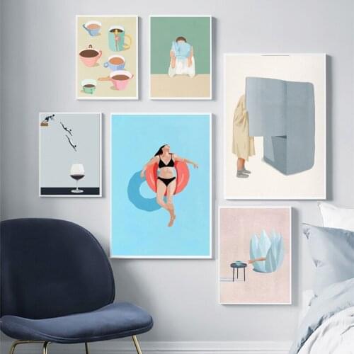 Beach Sea Diving Wine Glass Coffee Cup Swim Abstract Nordic Poster Wall Art Print Canvas Painting Decor Pictures For Living Room