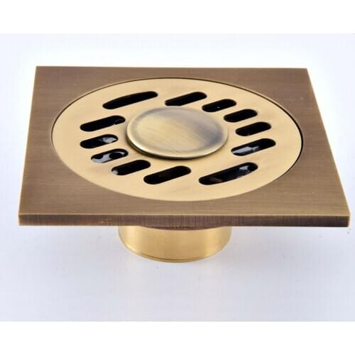 Antique Brass Vintage Retro Carved Flower Pattern Bathroom Shower Drain 4" Square Floor Drain Waste Grates ahr084