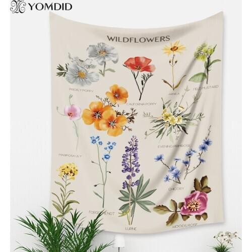 Botanical Wildflower Tapestry Wall Hanging Flower Reference Chart Hippie Bohemian Tapestries Colorful Psychedelic Home Decor