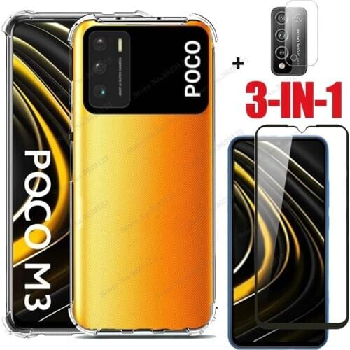 Capa, Glass + Airbag Case For Xiaomi Poco M3 Soft Clear Anti-shock Covers Xiomi Pocco M3 Cover Pocom3 Phone Cases Poco M3 Glass