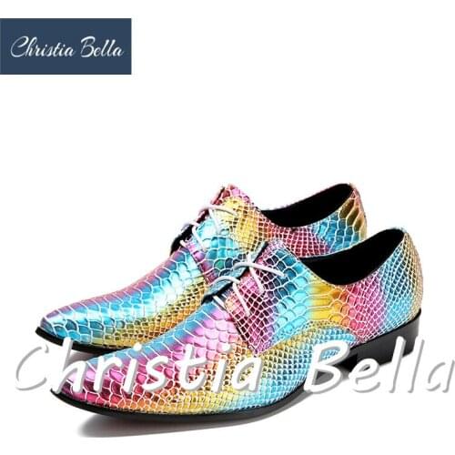Christia Bella Italian Style Painted Leather Mens Formal Shoes Party Slip On Oxfords Pointy Toe Rainbow Color Male Dress Shoes