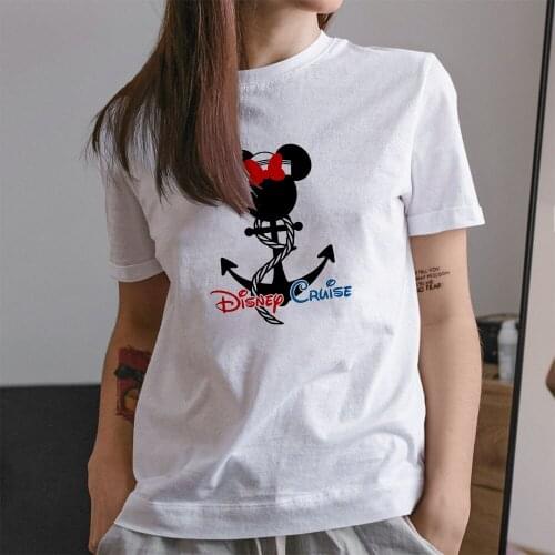 Summer New Women T-shirts Cartoon Pattern Fashion Casual T Shirts White Tee Disney Printing Minnie Mouse Head Kawaii Sweet Style