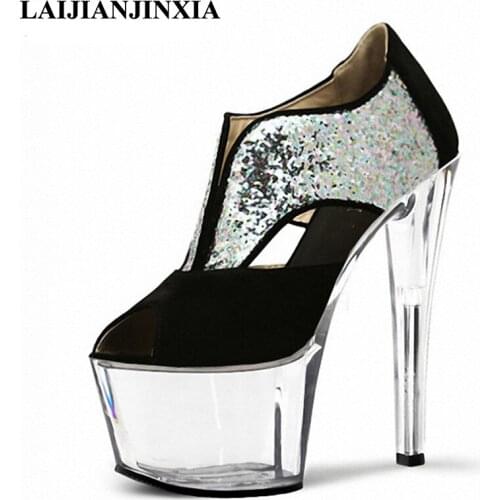 LAIJIANJINXIA Hot Sale Spring Glitter Golden/Silver Women Pumps Open Toe Crystal Shoes Ultra-High Platform High Heel Dance Shoes