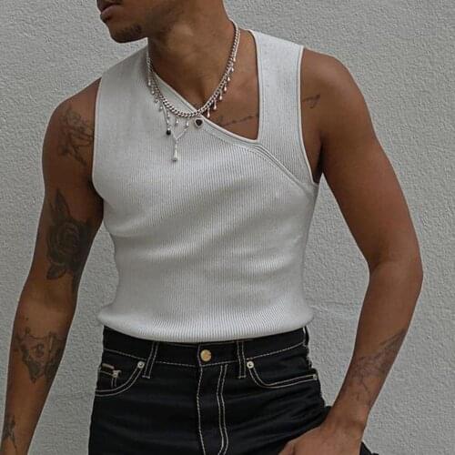 Summer Men Casual Slim Fit Knitted Vest Tees White Solid Hipster Slash Neck Sleeveless Tank Top 2021 New Fashion Mens Streetwear