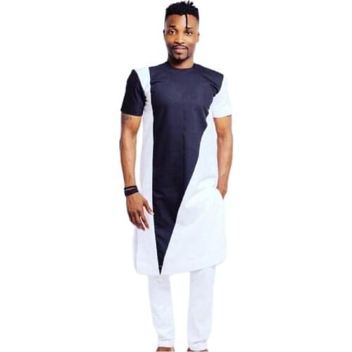 African Fashion Mens Sets O-neck Short Sleeve Tops And Long Trousers Senator Style Black Patchwork Shirt And Solid White Pant