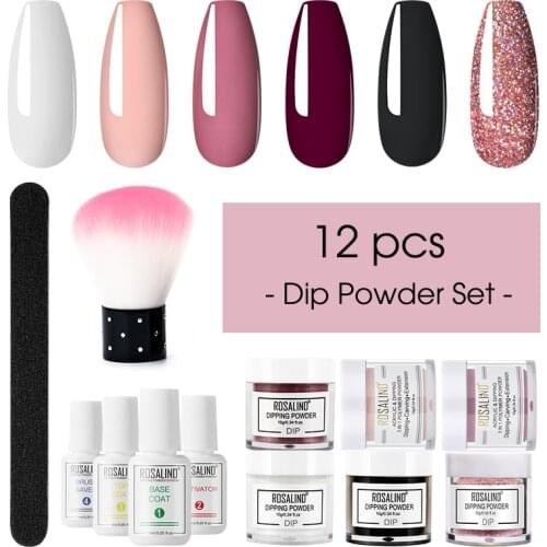 ROSALIND 12pcs Nail Dipping Powder Set Base & Top Coat Activator Brush Saver Set Nail Tools Nail Glitter Shinning Manicure Kit