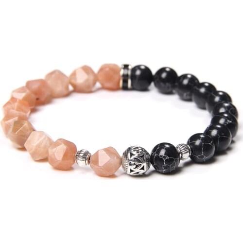 Natural Sunstone Geometric Faceted Beaded Bracelet Black White Turquoises Two-color Stitching Bracelets For Women Men Jewelry