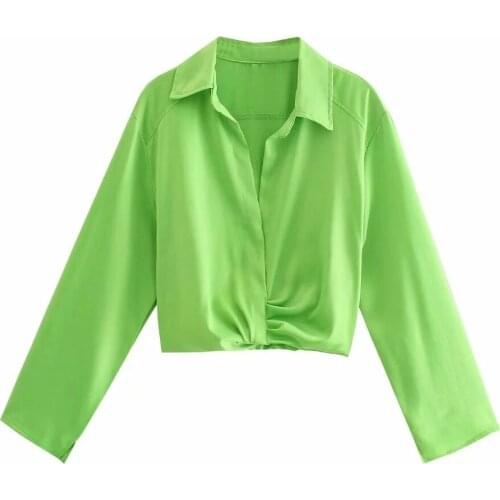 Nlzgmsj Za Shirt Women 2021 Pleated Collared Shirts Woman Summer Long Sleeve Crop Top Woman Casual Blouses Female Tunics 202107
