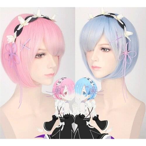 New Anime Re: Zero kara Hajimeru Isekai Seikatsu Rem Ram Cosplay Short Hair Wig Headband Props Gifts