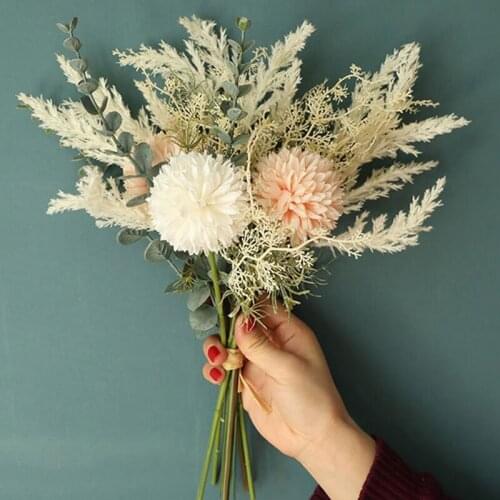 New White Artificial Flower High Quality Silk Dandelion Eucalyptus Hybrid Bouquet Wedding Home Party Decorative False Flower
