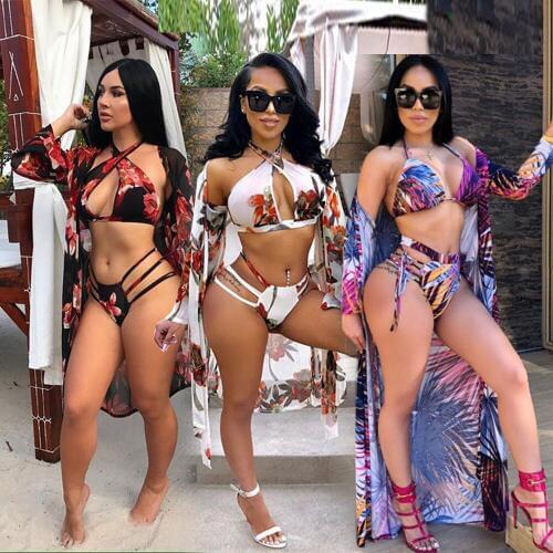 IASKY Beach Cover Ups+ Bkini set 2018 sexy Print Floral Long sleeve Cover Up High waist swimsuit set Robe De Plage Beach Wear