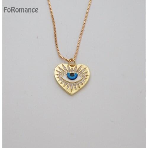 YELLOW GOLD PLATED GP 45CM BOX CHAIN & HIGH SHINING CZ STONES EVIL EYE HEART SHAPE PENDANT WIDTH 21MM 0.83INCH