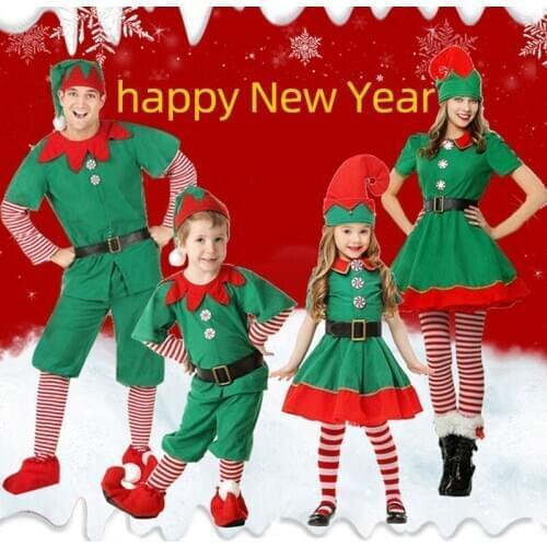 2020 Men Women Girls Boys Christmas Santa Claus Costume Green Elf Cosplay Family Christmas Party New Year Fancy Dress Clothes