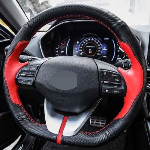 Hand-Stitched Soft Black Genuine Leather Car Steering Wheel Cover For Hyundai Elantra 4 2019 2018 2017 2016 Ioniq 2017-2019