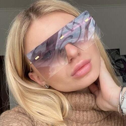 Square Oversized Sunglasses Women vintage flat top Gradient big shades glasses fashion Rimless Mirror female sunglasses oculos