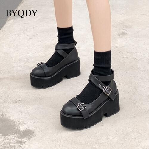 BYQDY Japan Styles Round Head Mary Janes Pumps Lolita Shoes Increased Platform Thick Heel Cross Bandage Kawaii Footwear Cosplay