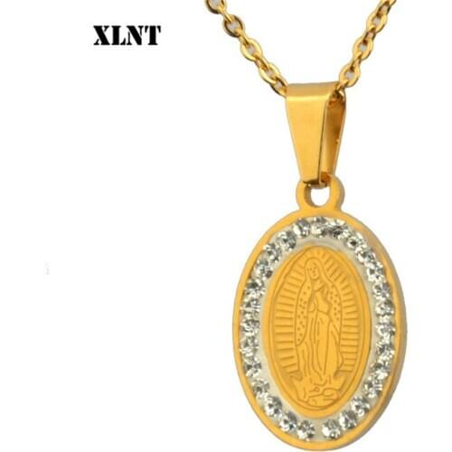 XLNT Virgin Mary Necklace Gold Color Bijoux Imitation Crystal Statement Necklace Women Fashion Pendant Catholic Jewelry