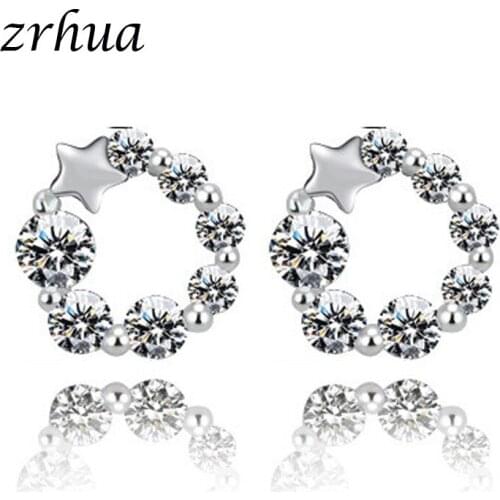 ZRHUA Silver Color Dazzling Full Zircon Round Flower Stud Earrings for Women Girl Cute Silver Clear CZ Jewelry Party Gift
