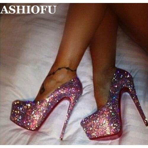 ASHIOFU Handmade Women High Heel Pumps Glitter Sexy Club Party Dress Shoes Platform Slip-on Evening Fashion Court Shoes