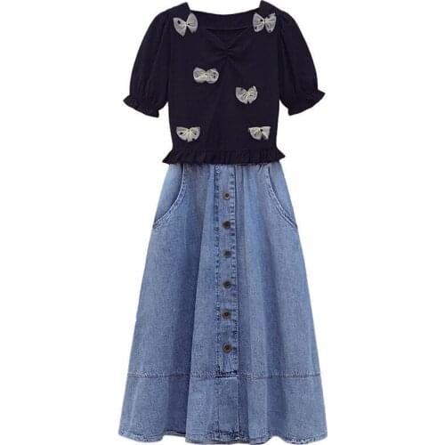 2021 New Summer Fashion Womens Chic Sets Short Sleeve Black Tshirt+Single Breasted A line Denim Skirts Students 2 Piece Suits