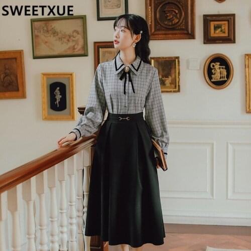 SWEETXUE Preppy Style Long Sleeve Plaid Bowknot Shirt Women + Skirt Fashion Set Autumn Womens Clothing 2-Piece Sets