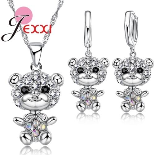 Cute Bear Jewelry Set Necklace Pendant Earring Sets 925 Sterling Silver CZ Crystal Jewellery Sets For Women Party Gift